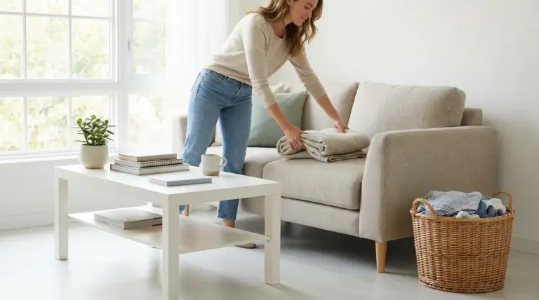 Persona che sistema una coperta su un divano in un soggiorno ordinato e luminoso