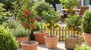 Alberi da frutto in vaso con mele, limoni e agrumi su terrazza di un piccolo giardino