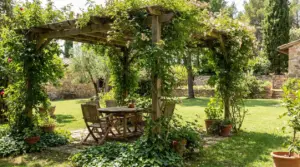 Pergolato in legno coperto da piante rampicanti che crea un angolo d’ombra naturale con tavolo e sedie in giardino