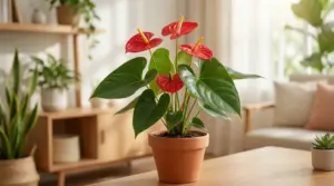 Anthurium in vaso di terracotta con fiori rossi, posizionato su un tavolo in soggiorno luminoso