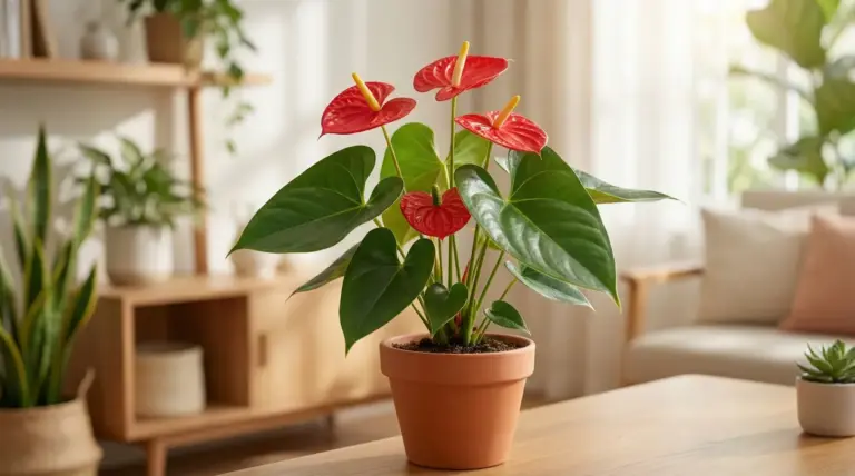 Anthurium in vaso di terracotta con fiori rossi, posizionato su un tavolo in soggiorno luminoso
