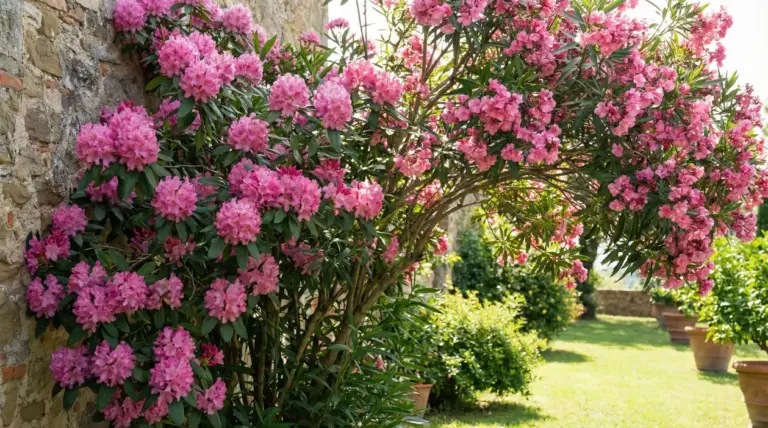 Arbusto con fiori rosa in piena fioritura accanto a un muro di pietra in un giardino soleggiato