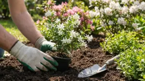 Persona con guanti che pianta un arbusto fiorito bianco in giardino, con paletta da giardinaggio sul terreno