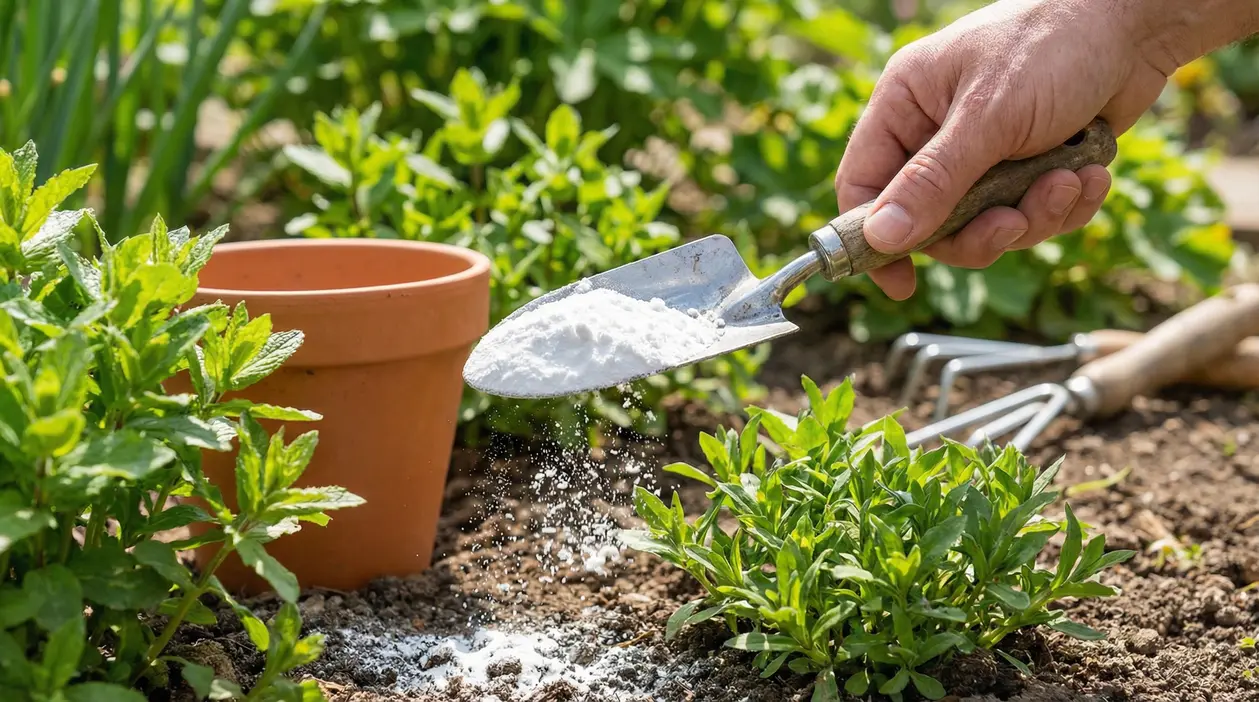 Mano che sparge bicarbonato sul terreno vicino a piantine verdi in giardino con attrezzi da giardinaggio