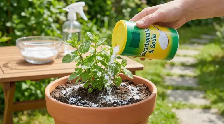 Mano che sparge bicarbonato di sodio nel terriccio di una pianta in vaso in giardino