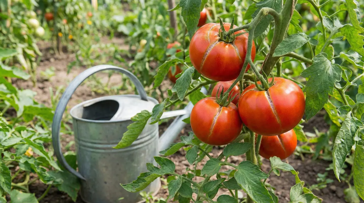 Pomodori maturi spaccati su una pianta nell'orto accanto a un annaffiatoio