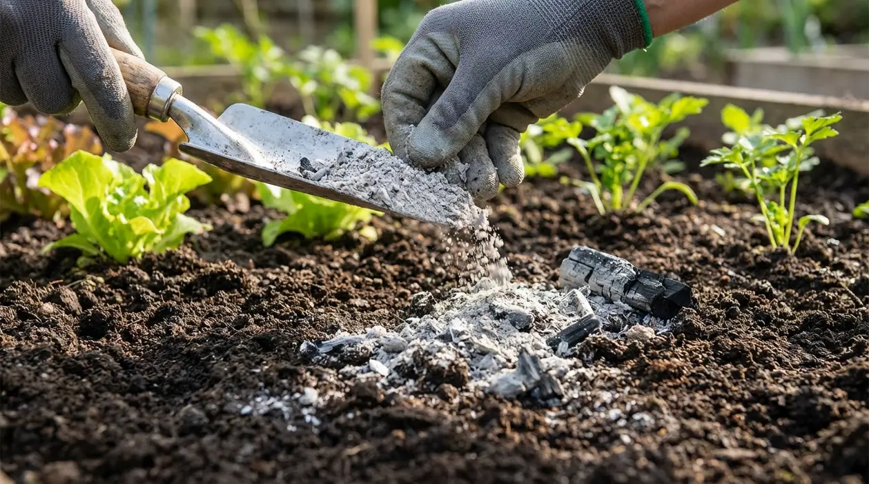 Mani con guanti spargono cenere e carbone sul terreno dell’orto vicino a piantine in una aiuola rialzata