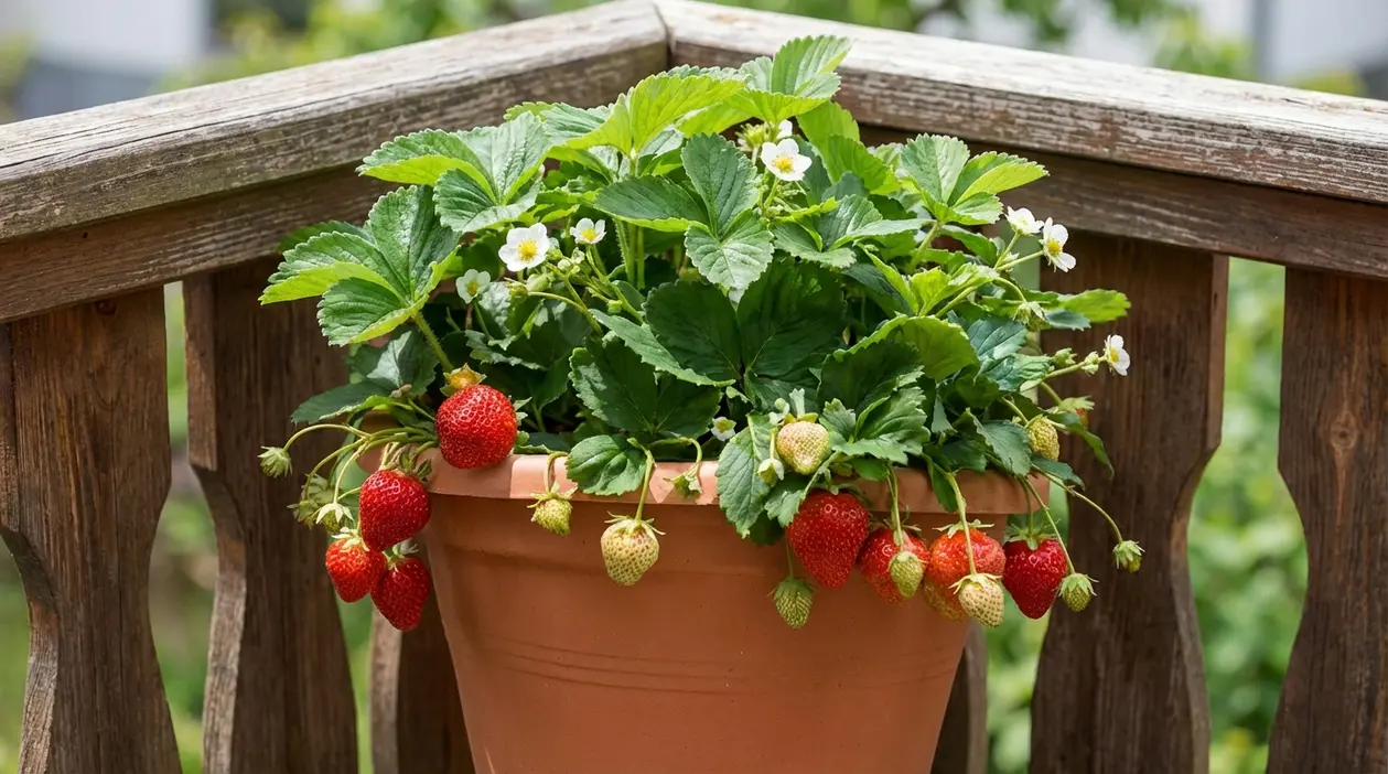 Pianta di fragole in vaso di terracotta su balcone, con frutti rossi e fiori bianchi