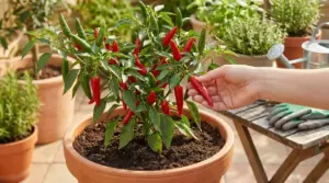 Mano che raccoglie un peperoncino rosso da una pianta di peperoncino coltivata in vaso su un balcone