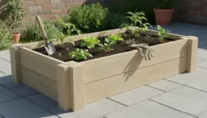 Orto rialzato in legno con piantine di verdure, una paletta e guanti da giardinaggio su un patio