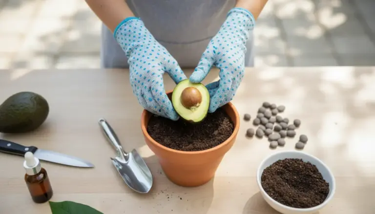 Mani con guanti da giardinaggio che piantano un seme di avocado in un vaso con terra.