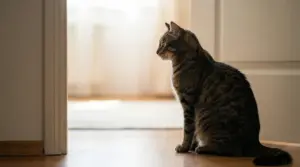 Gatto tigrato seduto sul pavimento davanti a una porta aperta