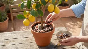 Mani che aggiungono concime naturale a base di gusci d'uovo in un vaso con pianta di limone