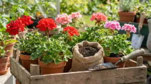 Gerani in vaso rossi e rosa in una cassetta di legno, con sacchetto di concime naturale e paletta da giardinaggio