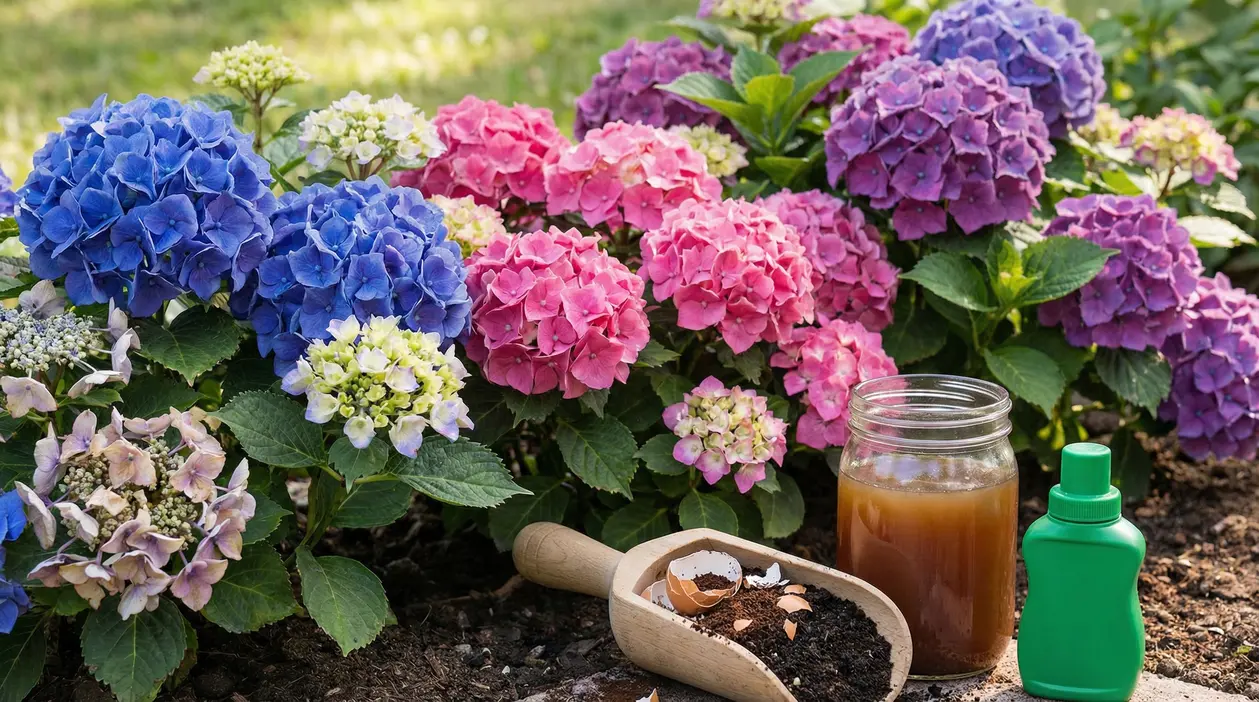 Ortensie in fiore blu, rosa e viola in giardino con barattolo di concime naturale e paletta con fondi di caffè
