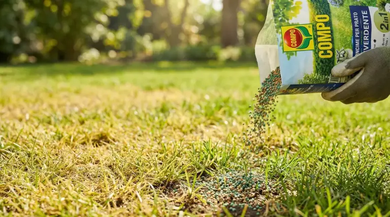Mano con guanto sparge concime granulare su un prato ingiallito per rinverdire il tappeto erboso
