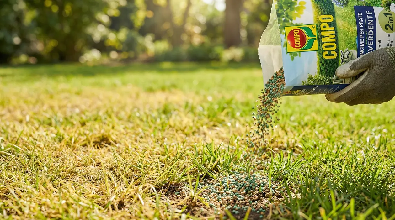Mano con guanto sparge concime granulare su un prato ingiallito per rinverdire il tappeto erboso