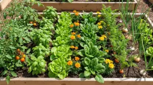 Orto rialzato con pomodori, basilico, insalate, spinaci, cipolle e fiori, esempio di consociazioni tra piante