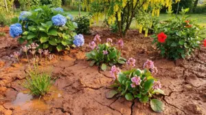 Aiuola in terreno argilloso e compatto con ortensie blu, fiori rosa e pianta a fiore rosso, su suolo screpolato