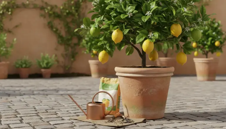 Pianta di limone in vaso di terracotta con frutti e fiori, con annaffiatoio e concime su un patio