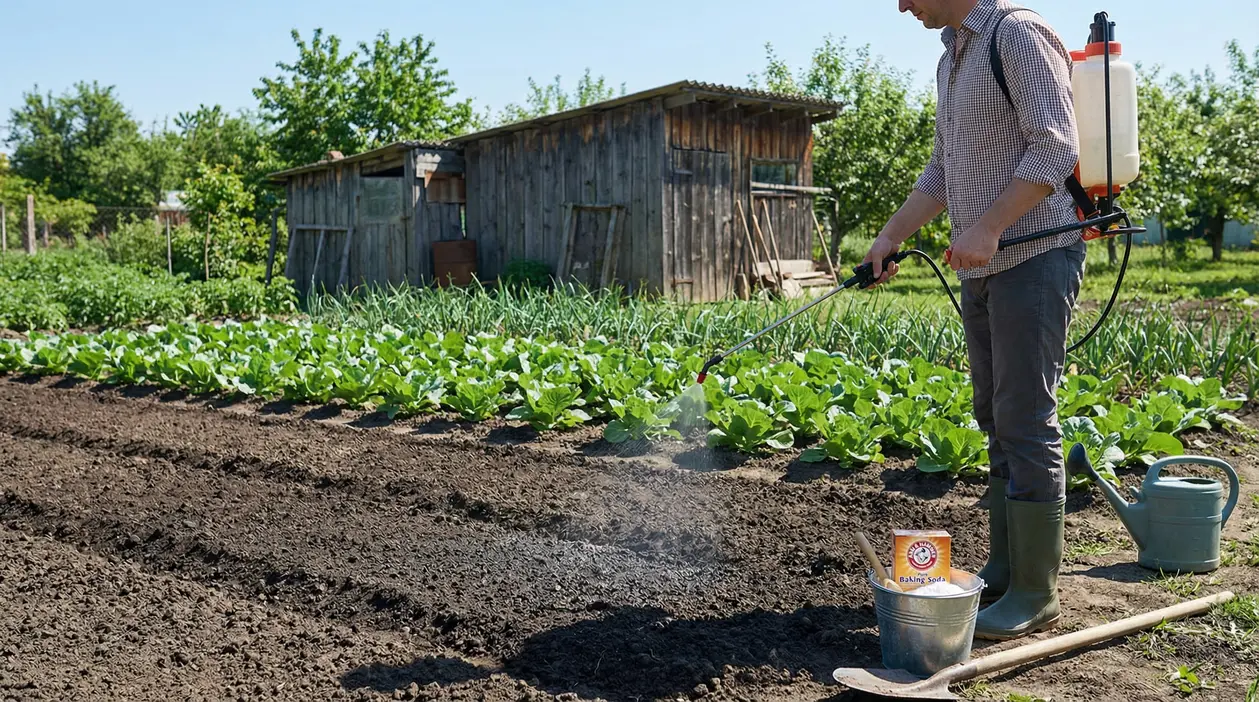 Una persona disinfetta in modo naturale il terreno dell'orto con uno spruzzatore a spalla.