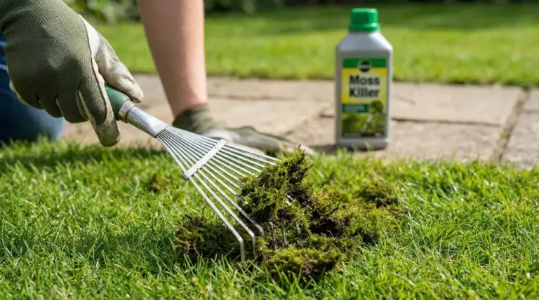 Mano con guanto usa un rastrello per rimuovere il muschio dal prato; sullo sfondo un prodotto specifico per muschio