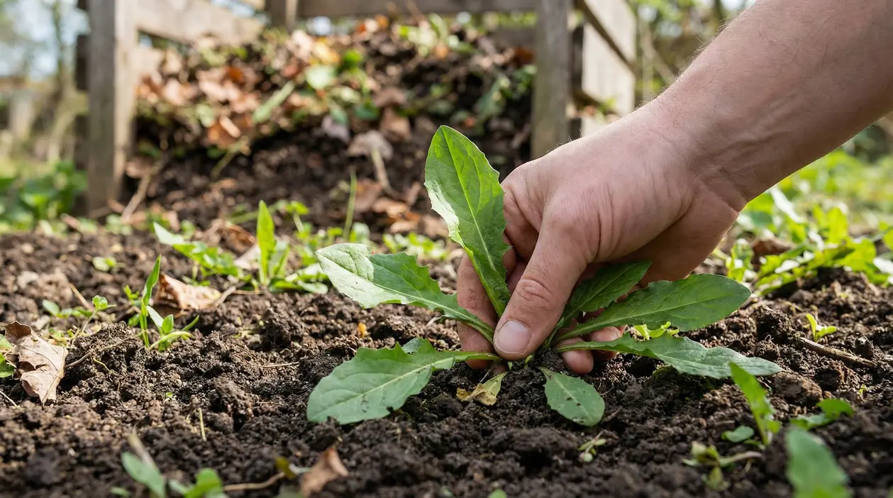 Mano che estirpa un’erba spontanea dal terreno dell’orto vicino a una compostiera