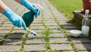 Mani con guanti puliscono le erbacce tra le fughe del vialetto con spazzolino e spruzzatore