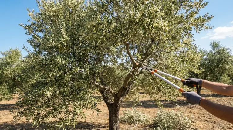 Potatura di un albero di ulivo in un campo durante una giornata soleggiata