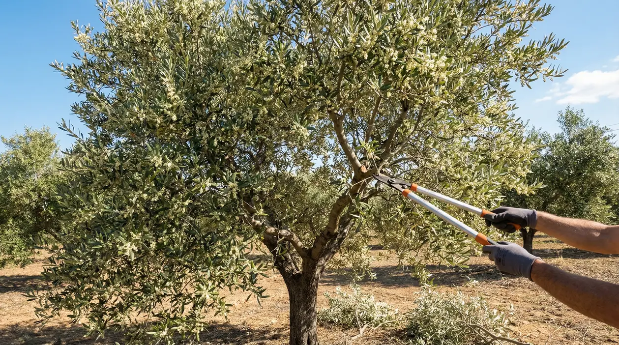 Potatura di un albero di ulivo in un campo durante una giornata soleggiata