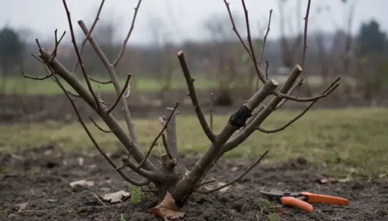 Pianta di rosa potata con cesoie da giardinaggio poggiate sul terreno