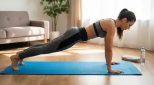 Donna che esegue esercizio di plank su tappetino da yoga in salotto