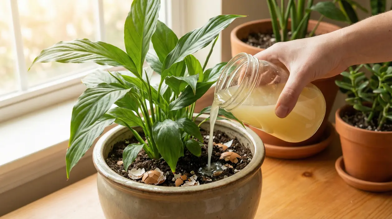 Una mano versa fertilizzante naturale in un vaso con pianta verde da interno