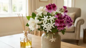 Vaso di fiori profumati su un tavolo in un salotto luminoso