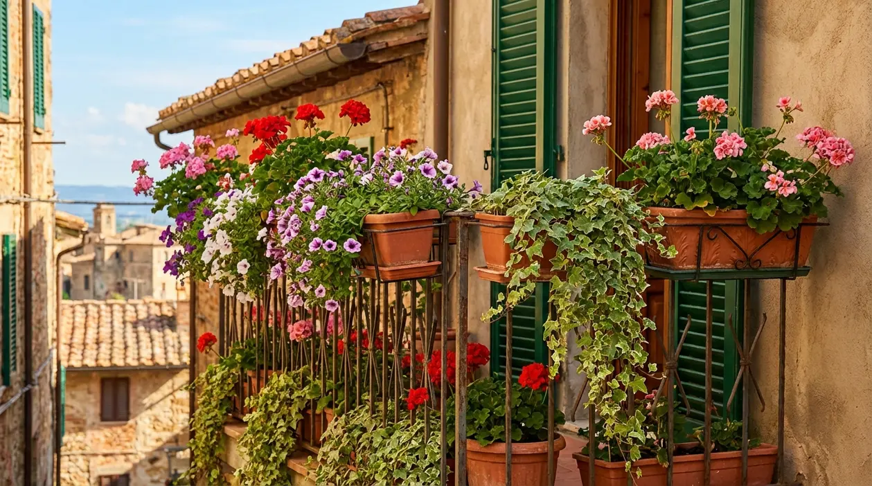 Balcone fiorito con gerani rosa e rossi, petunie viola e edera in vasi di terracotta su ringhiera