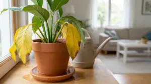 Pianta da interno con foglie gialle e punte scure in vaso di terracotta vicino a una finestra