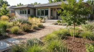 Giardino a bassa manutenzione con prato di ghiaia, piante perenni e camminamento in lastre davanti a una casa