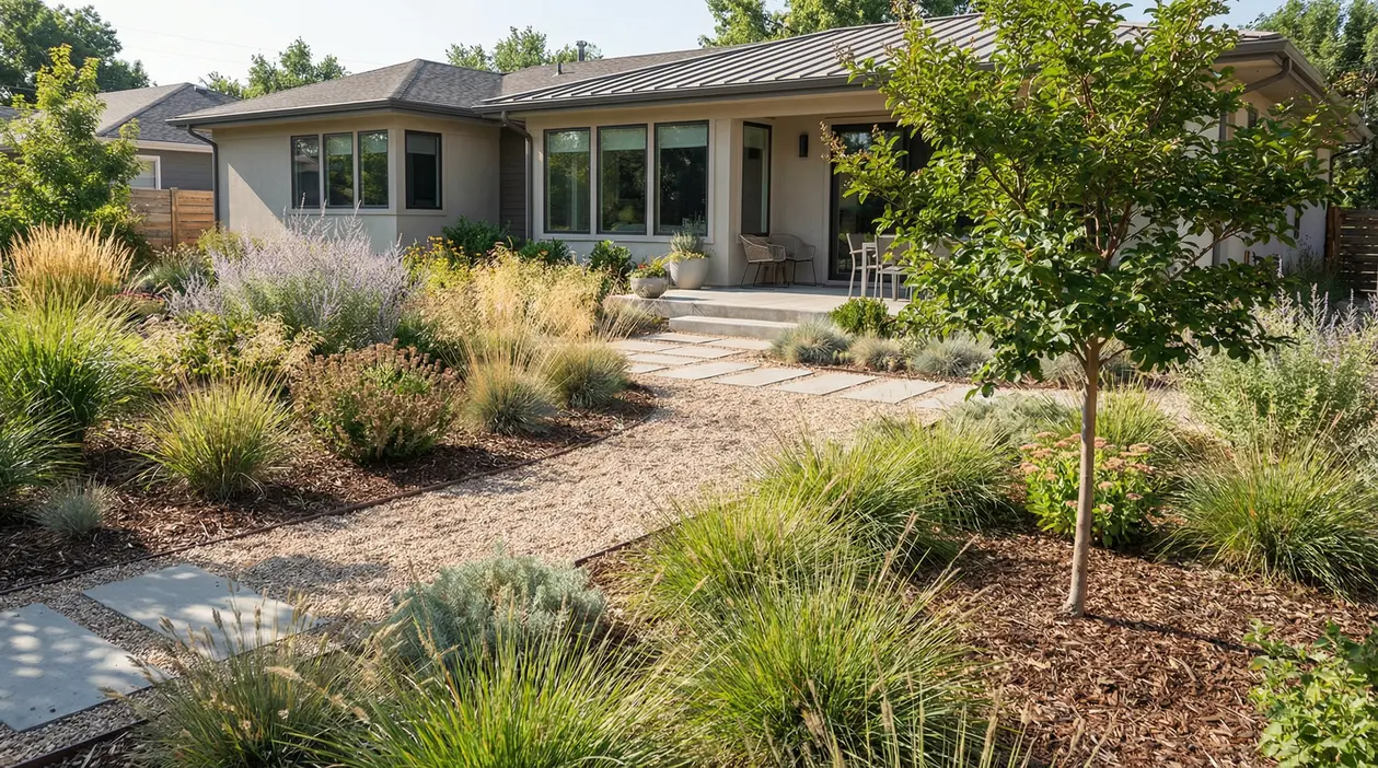 Giardino a bassa manutenzione con prato di ghiaia, piante perenni e camminamento in lastre davanti a una casa