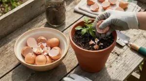 Mano con guanto aggiunge gusci d’uovo nel terriccio di un vaso con piantina su tavolo da giardinaggio