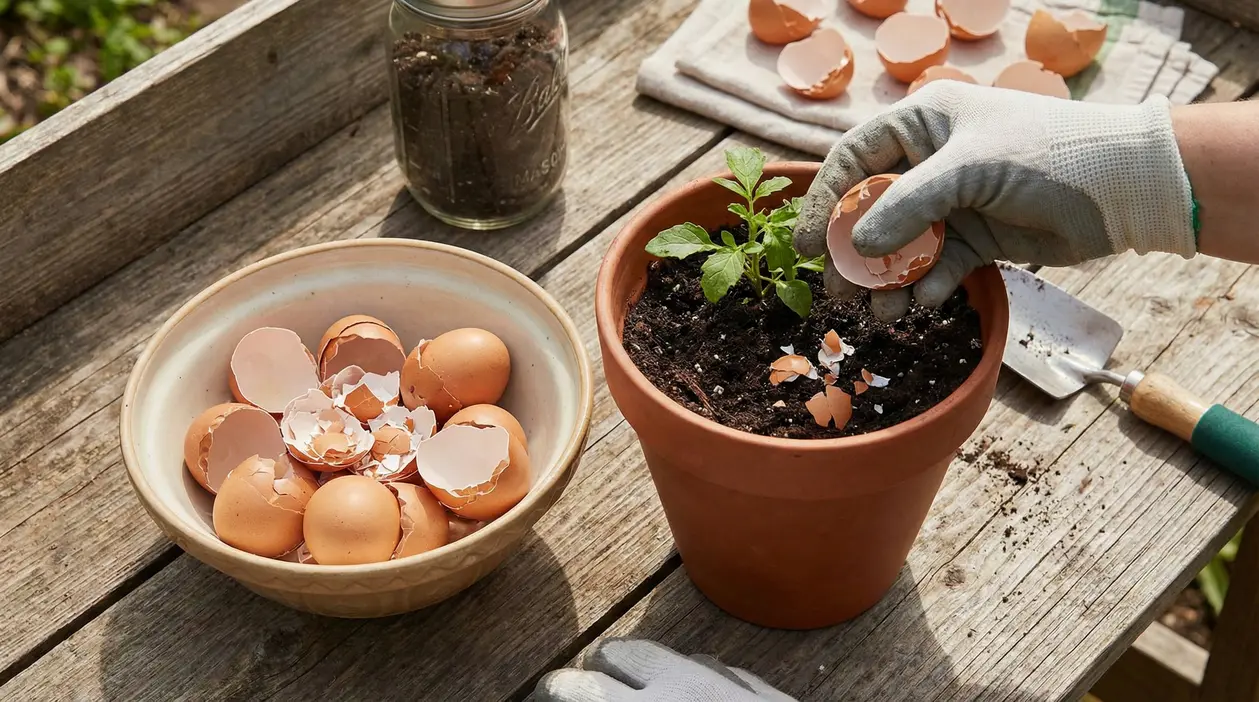 Mano con guanto aggiunge gusci d’uovo nel terriccio di un vaso con piantina su tavolo da giardinaggio
