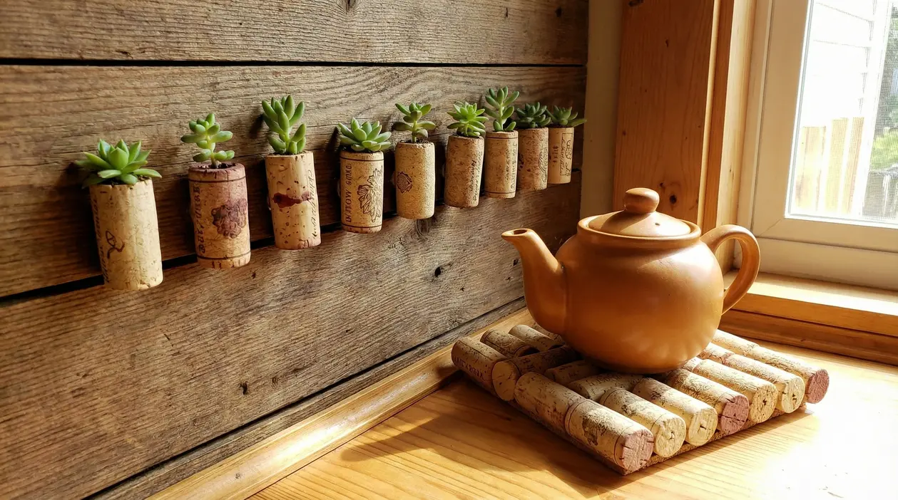 Tappi di sughero riutilizzati come vasetti per piante grasse e base per una teiera su un tavolo di legno