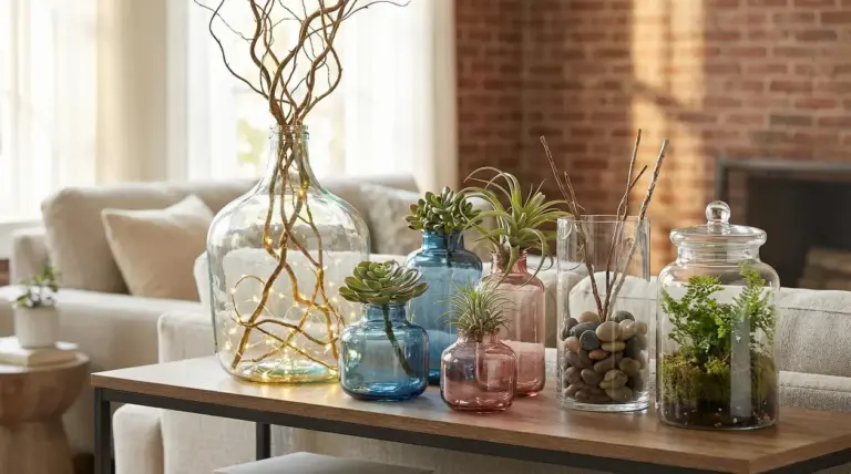 Vasi di vetro decorativi con piante grasse, luci e pietre su un tavolino in salotto