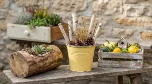 Fioriere decorative con succulente, rami e pigne in secchio giallo e cassetta con zucche su tavolo rustico