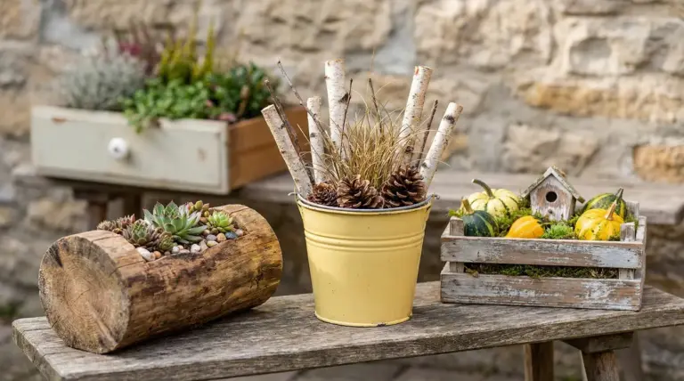 Fioriere decorative con succulente, rami e pigne in secchio giallo e cassetta con zucche su tavolo rustico