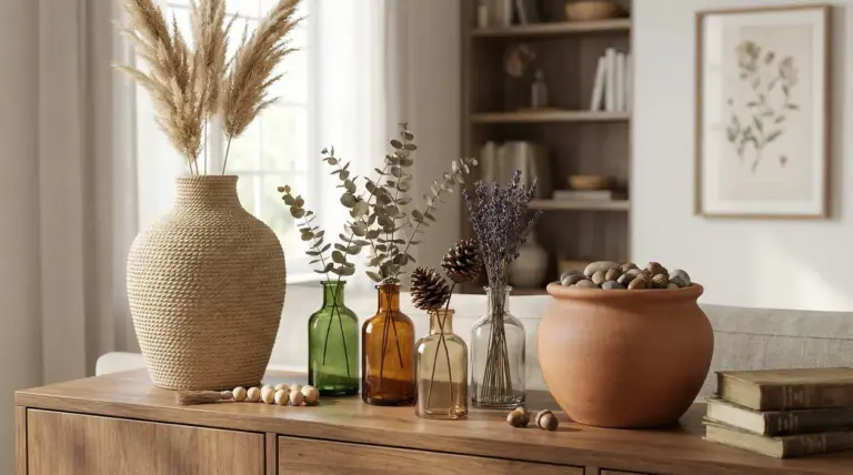Vasi decorativi su mobile in legno: bottiglie in vetro con rami secchi e lavanda, grande vaso con pampas e vaso con sassi