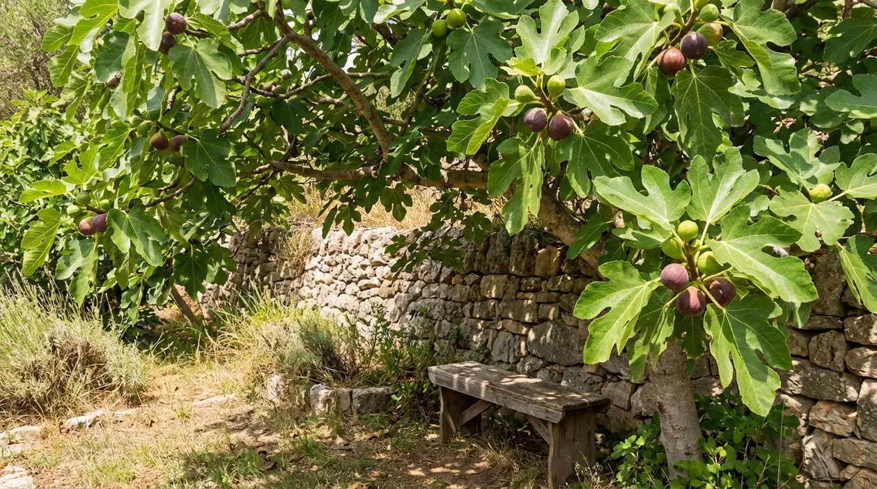 Albero di fico in giardino con fichi maturi e panchina vicino a un muretto in pietra