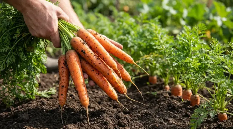 Mani che raccolgono carote appena estratte dall’orto, con terra sulle radici tra foglie verdi