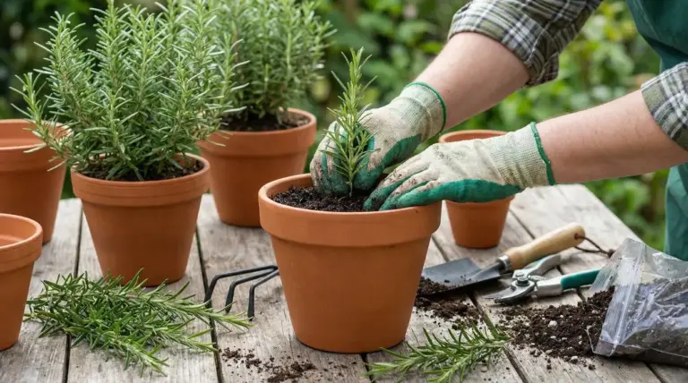 Mani con guanti trapiantano una piantina di rosmarino in un vaso di terracotta.