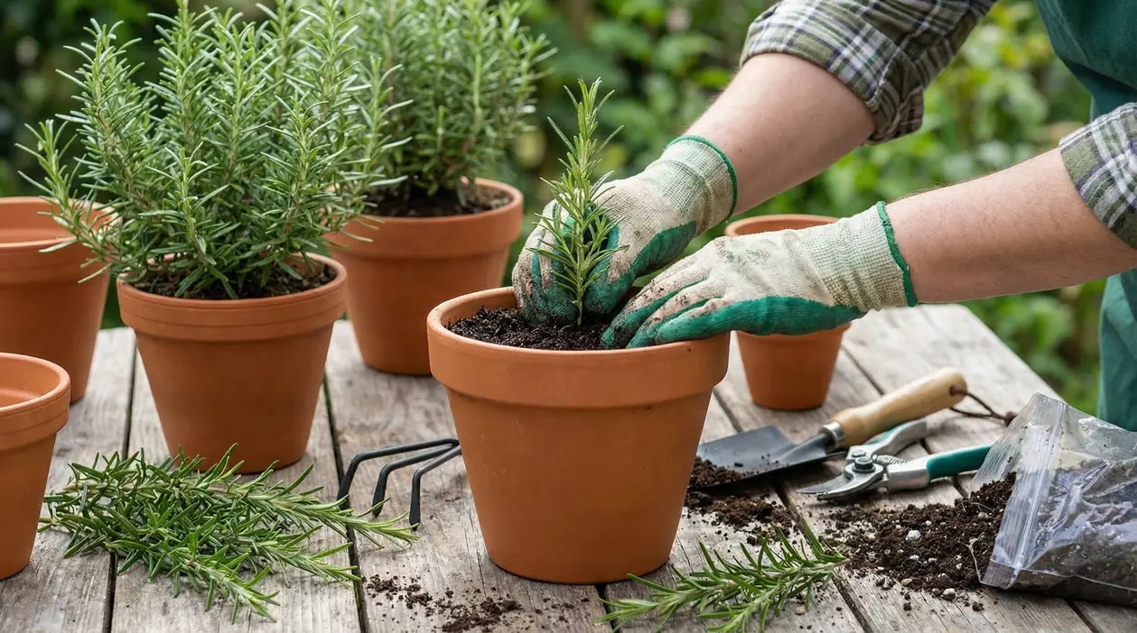 Mani con guanti trapiantano una piantina di rosmarino in un vaso di terracotta.