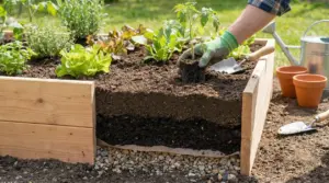 Mani con guanti trapiantano una piantina in un orto rialzato con strati di terra e drenaggio in ghiaia
